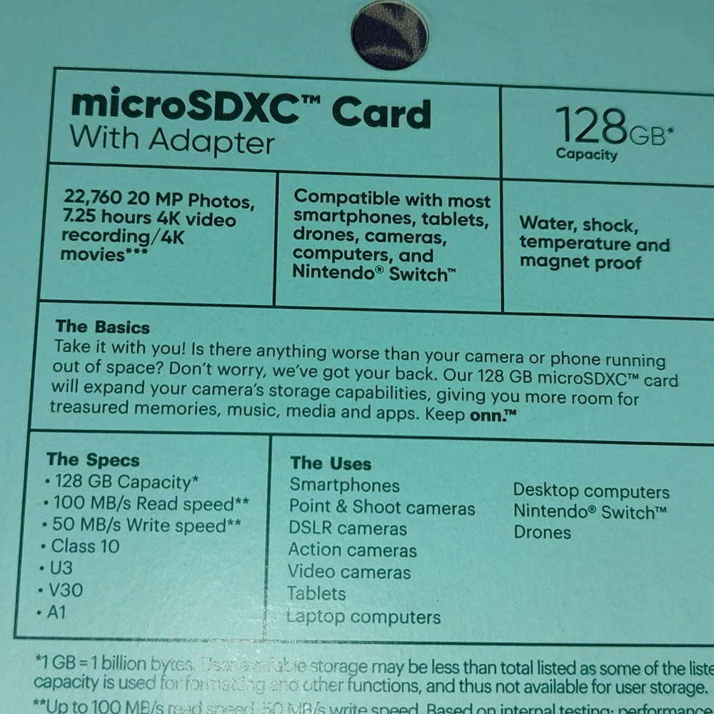 Keep ONN 100006054 microSDXC Card 128gb With Adapter 100 Mb/s New Phone Memory
